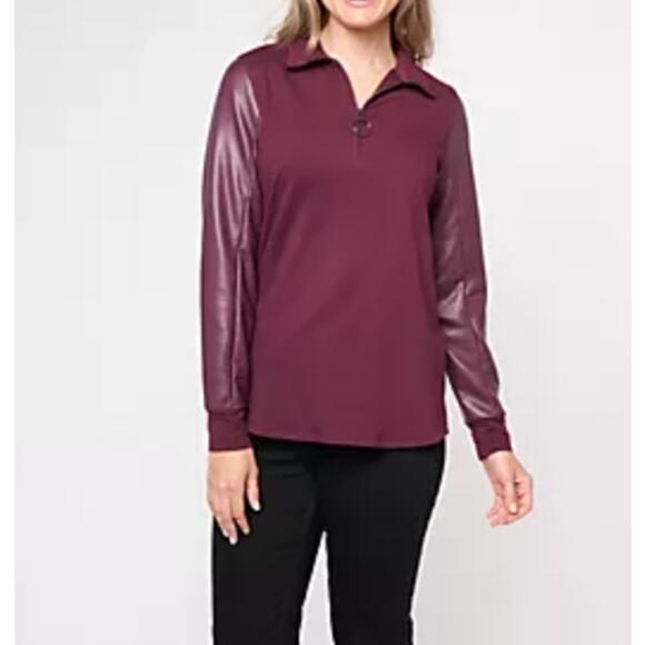 NEW Belle by Kim Gravel Circle Zip Knit Top M with Faux Leather Sleeves Autumn - Picture 3 of 5